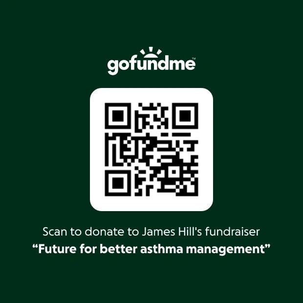 GoFundMe QR code — Scan to donate to James Hill's fundraiser for better asthma management